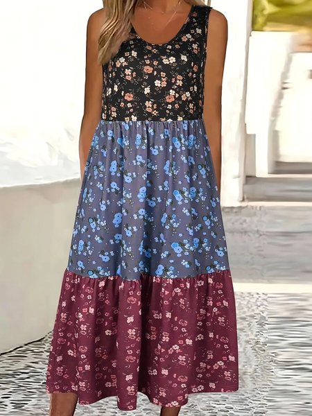 

Women Floral Crew Neck Sleeveless Comfy Casual Maxi Dress, Blue, Maxi