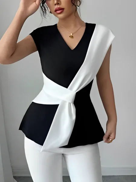 

Urban Color Block Split Joint V Neck Blouse, Black-white, Blouses and Shirts