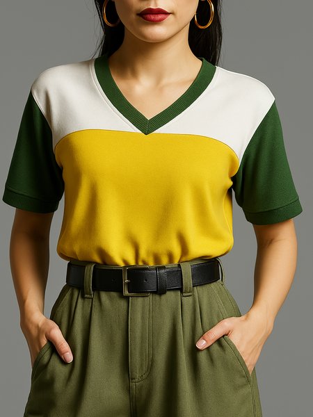 

Casual Color Block V Neck T-shirt, As picture, Tees