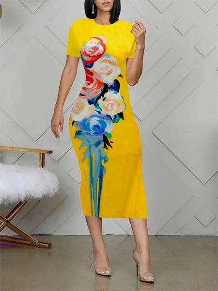 

Elegant Floral Printing Crew Neck Midi Dress, Yellow, Midi Dresses