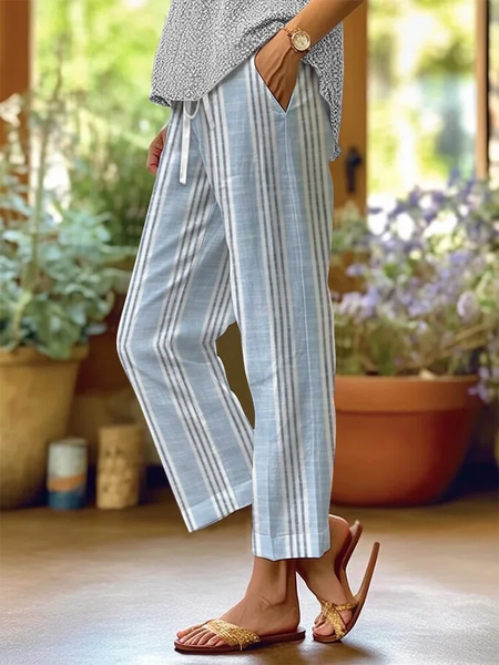 Women Striped Long Pant Casual Spring/Fall Trousers, Blue, Pants