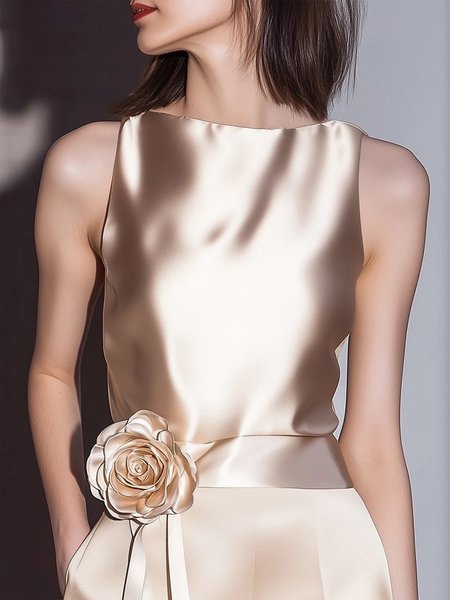 

Satin Elegant Plain 3D Floral Crew Neck Tank Top, Champagne, Tanks and Camis