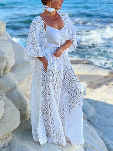 

Vacation Raglan Sleeves Embroidery Plain Kimono, White, Kimonos