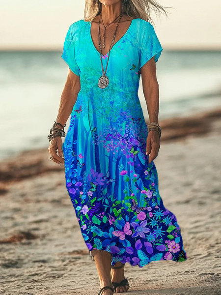 

Women Floral V Neck Short Sleeve Comfy Casual Printing Maxi Dress, Cyan, Dresses