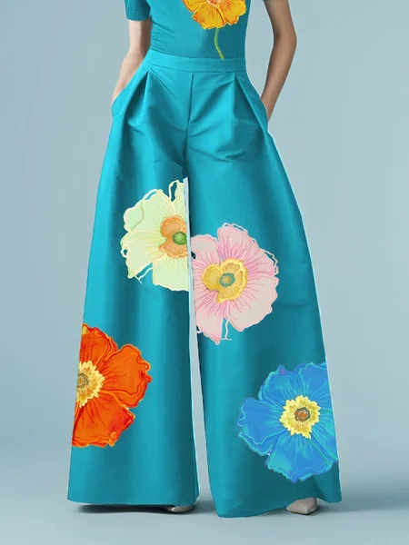 

Urban Floral Printing Wide Leg Pants, Blue, Pants