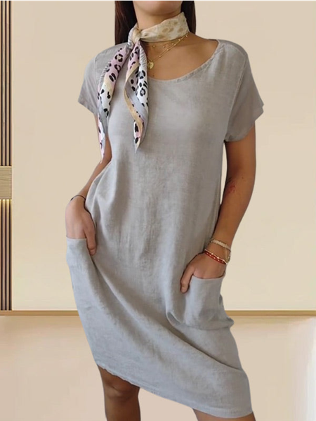 

Retro Casual Double Pocket Short Sleeve Dress, Camel, Midi Dresses