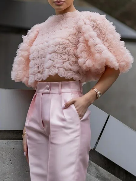 

Urban Plain 3D Floral Crew Neck Puff Sleeve Blouse, Pink, Blouses and Shirts