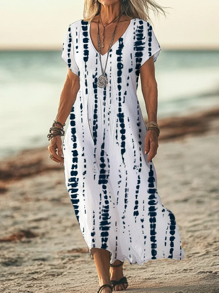 

Women Striped Short Sleeve Summer Printing Dress V Neck Daily Casual Maxi X-Line Dress, White, Casual Dresses