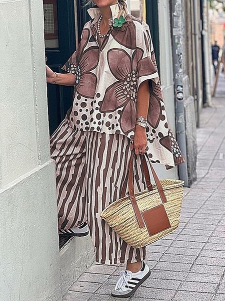 

Casual Floral Shirt Collar Two-Piece Set, Deep brown, Suits