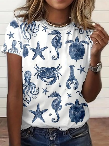 

Casual Marine Life Painting Crew Neck Short Sleeve T-shirt, White, T-shirts