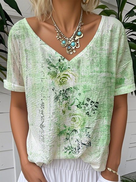

Crew Neck Short Sleeve Floral Regular Loose Tunic Blouse For Women, Green, T-shirts