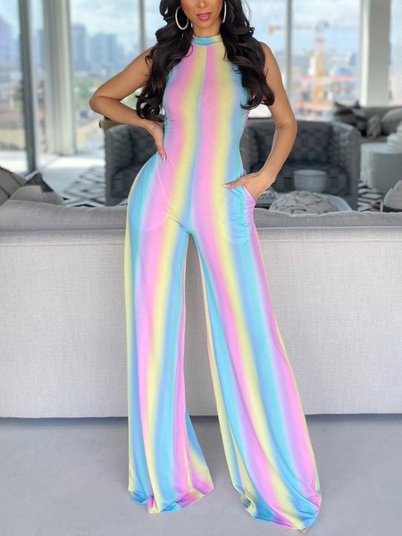 

Elegant Printing Gradient Pattern Stand Collar Tank Jumpsuit No Belt, As picture, Jumpsuits