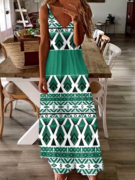 

Women Geometric V Neck Sleeveless Comfy Casual Maxi Dress, Green, Maxi