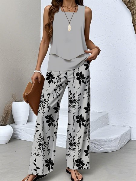 

Women Floral Crew Neck Sleeveless Comfy Casual Top With Pants Two-Piece Set, Gray, Sets