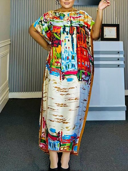 

Elegant Random Print Raglan Sleeves Printing Boat Neck Maxi Dress, As picture, Maxi Dresses
