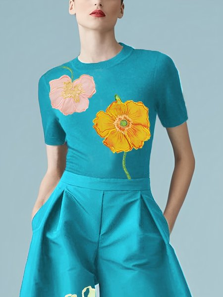 

Jersey Urban Floral Printing Crew Neck T-shirt, Blue, Tees