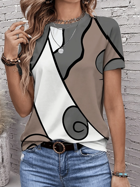 

Women Abstract Short Sleeve Tee T-shirt Crew Neck Printing Casual Summer Graphic Tee Top, Gray-brown, T-Shirts