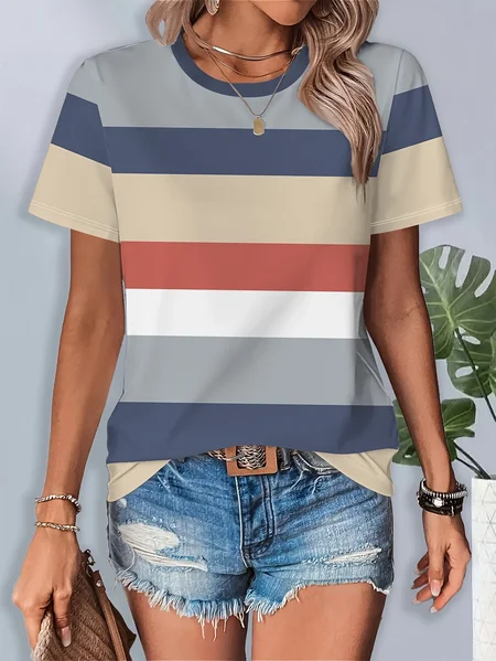 

Women Striped Short Sleeve Tee T-shirt Crew Neck Printing Casual Summer Graphic Tee Top, As picture, T-Shirts