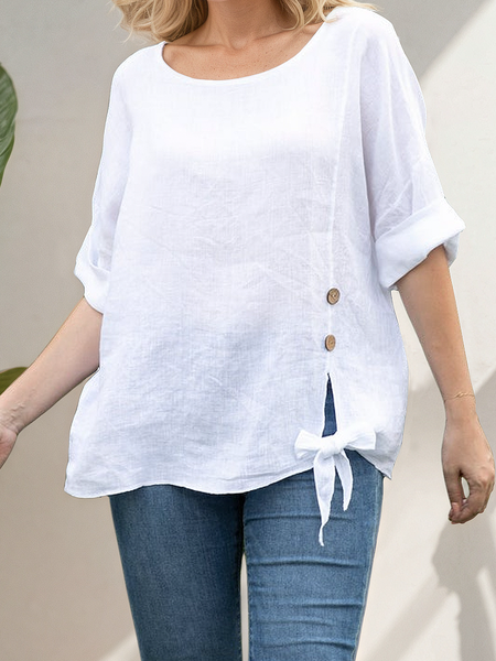 

Linen Casual Plain Crew Neck linen-cotton Blouse, White, Blouses & Shirts