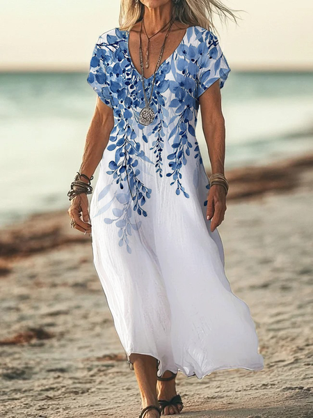 

Women Floral V Neck Short Sleeve Comfy Casual Printing Maxi Dress, White, Dresses