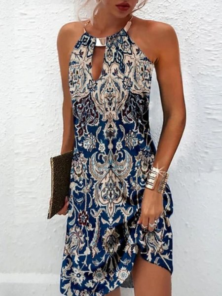 

Women Sexy Ethnic Floral Print Halter Sleeveless Comfy Casual Midi Dress, Blue, Dresses
