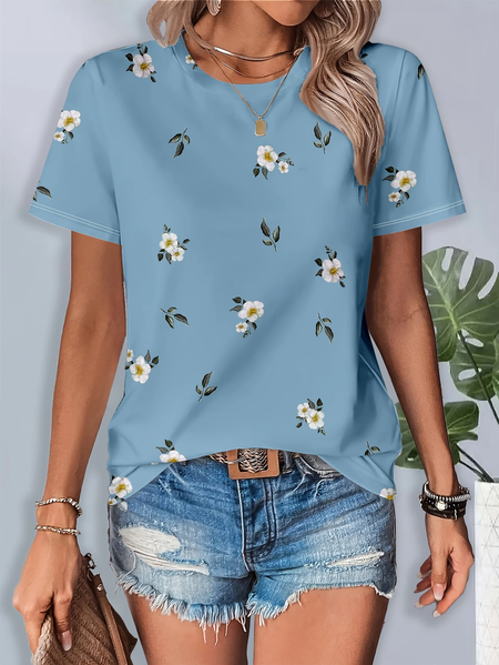 Women Floral Short Sleeve Tee T-shirt Crew Neck Printing Casual Summer Graphic Tee Top, Blue, T-Shirts