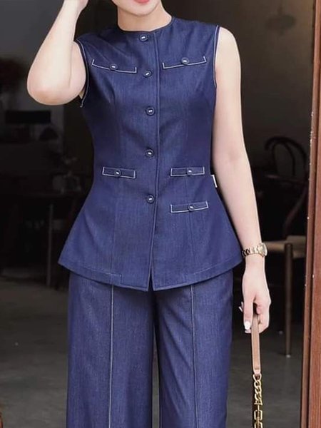 

Urban Plain Crew Neck Denim Vest, Blue, Vests and Gilets