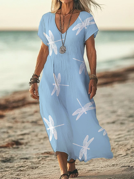 

Women Dragonfly Short Sleeve Summer Printing Dress V Neck Daily Casual Maxi X-Line Dress, Blue, Casual Dresses