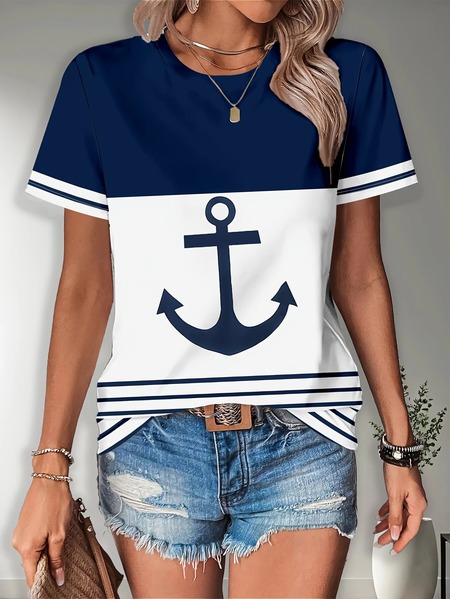 

Women Anchor Short Sleeve Tee T-shirt Crew Neck Printing Casual Summer Graphic Tee Top, Purplish blue, T-Shirts