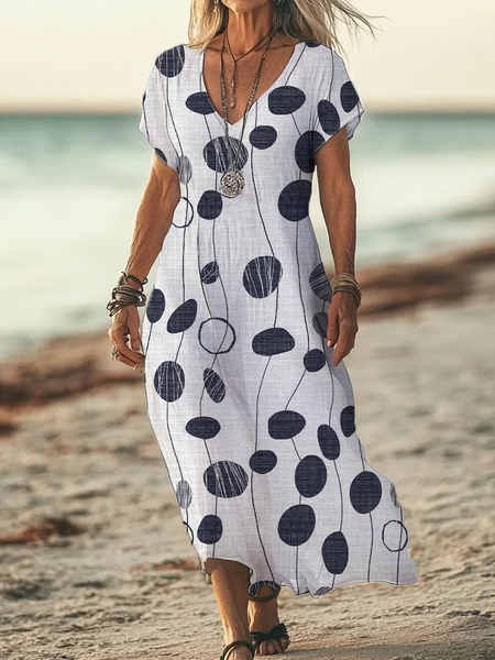 

Women's Polka Dot Printed Casual V-Neck Short Sleeve Dress, White, Maxi Dresses