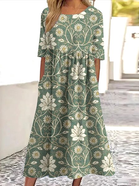 

Women Floral Crew Neck Short Sleeve Comfy Casual Maxi Dress, Green, Maxi