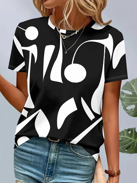 

Women Abstract Short Sleeve Tee T-shirt Crew Neck Printing Casual Summer Graphic Tee Top, Black, T-Shirts