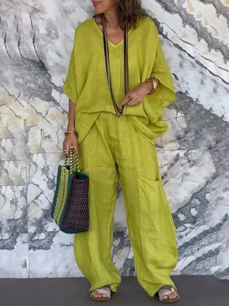 

Casual Plain V Neck Two-Piece Set, Green, Suits