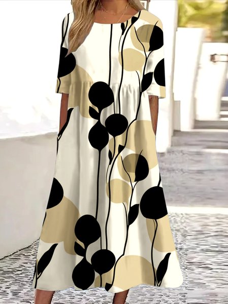

Women Floral Crew Neck Short Sleeve Comfy Casual Maxi Dress, Apricot, Maxi