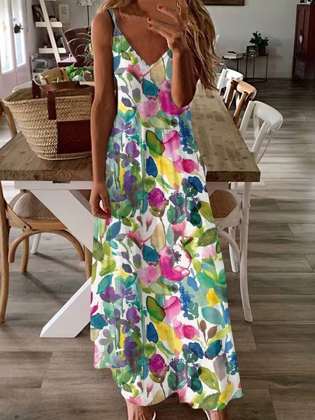 

Women Floral Spaghetti Sleeveless Comfy Casual Maxi Dress, White, Maxi