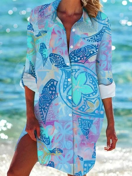 

Women Sundress Marine Life Print Shirt Collar Comfy Casual Midi Dress, Blue, Dresses
