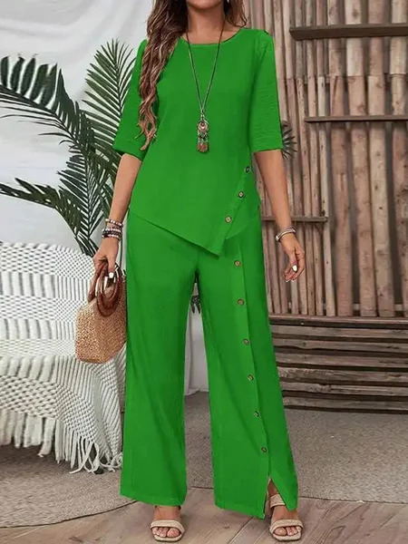 

Casual Plain Crew Neck Two-Piece Set, Green, Suits