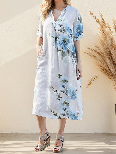 

Casual Floral linen-cotton Stand Collar Midi Dress, As picture, Maxi Dresses