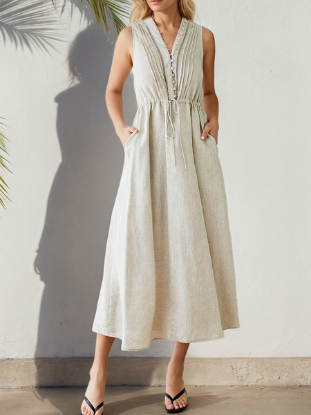 

Vacation Plain V Neck linen-cotton Midi Dress, Oatmeal, Maxi Dresses