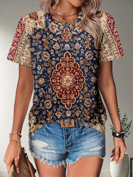 

Women Floral Short Sleeve Tee T-shirt Crew Neck Printing Casual Summer Graphic Tee Top, As picture, T-Shirts
