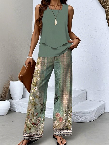 

Women Gradient Pattern Crew Neck Sleeveless Comfy Casual Top With Pants Two-Piece Set, Green, Sets