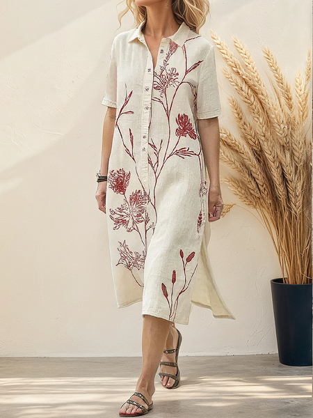 

Casual Floral linen-cotton Midi Dress, As picture, Maxi Dresses