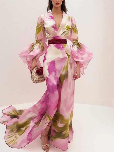 Elegant Ruffle Sleeve Printing V Neck Maxi Dress, As picture, Maxi Dresses