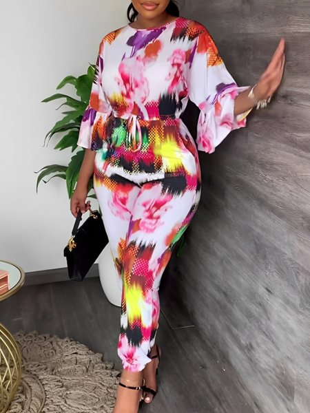 

Vacation Ruffle Sleeve Random Print Crew Neck Jumpsuit, As picture, Jumpsuits
