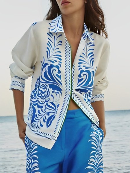 

Vacation Plants Printing Shirt Collar Shirt, As picture, Blouses and Shirts