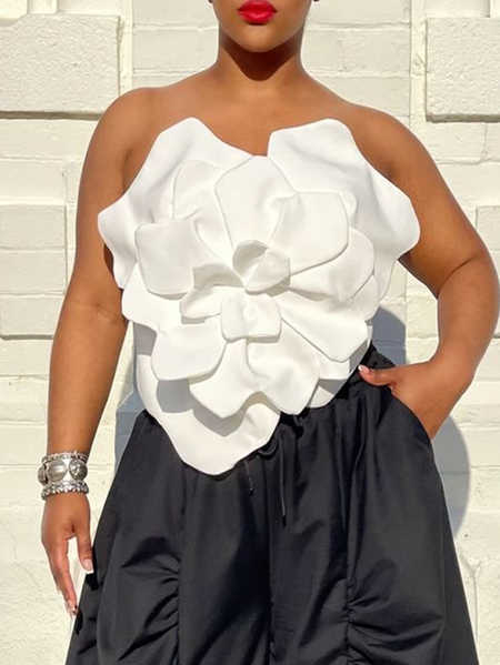 

Urban Plain 3D Floral Strapless Tube Tops, White, Tanks and Camis