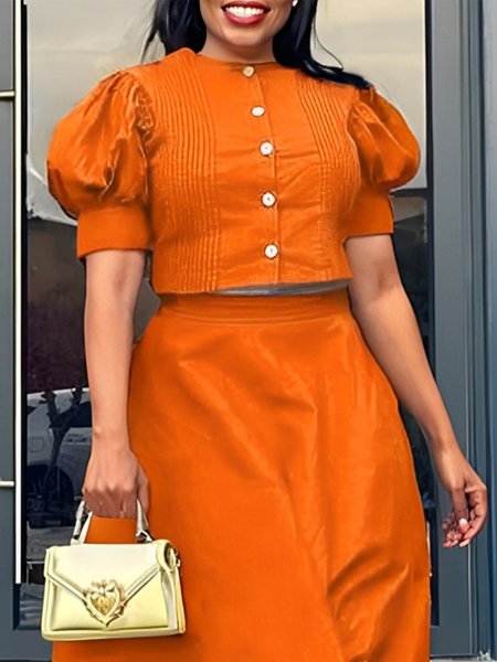 

Cotton Urban Plain Shirt Collar Puff Sleeve Shirt, Orange, Blouses and Shirts