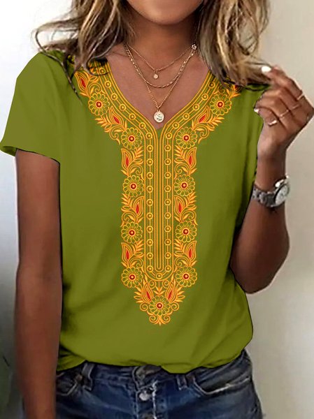 

Casual Floral V Neck Short Sleeve T-shirt, Lightgreen, T-shirts