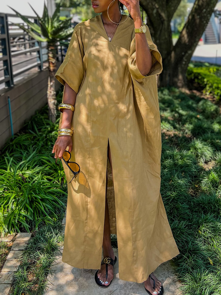 

Vacation Plain Split Joint V Neck Dress, As picture, Maxi Dresses