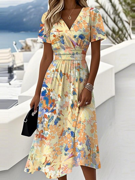 

Women Floral Summer Dress V Neck Short Sleeve Beach Dress A-Line Dress, Yellow, Dresses